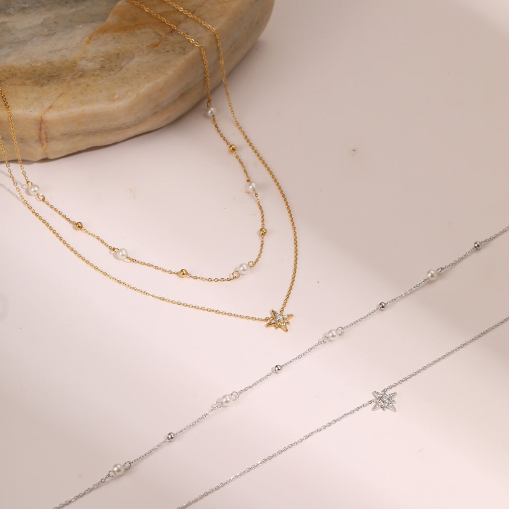 🌟 Celestial Duo Necklace – Double-Layer Necklace with Star & Pearl Accents