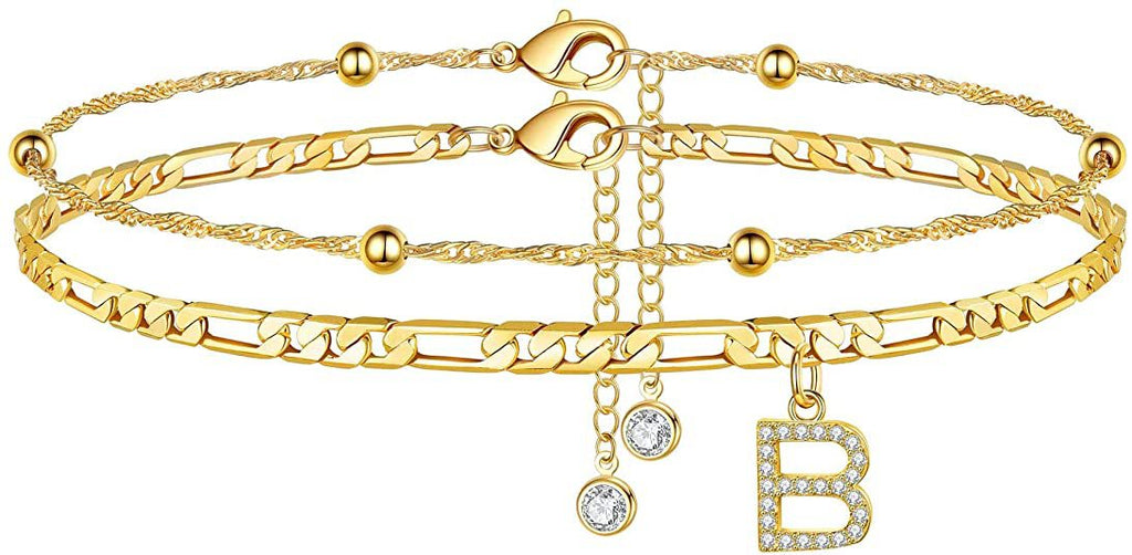 ✨ Initial Orbit Anklet – Double Chain Gold Anklet with Rhinestone Letter