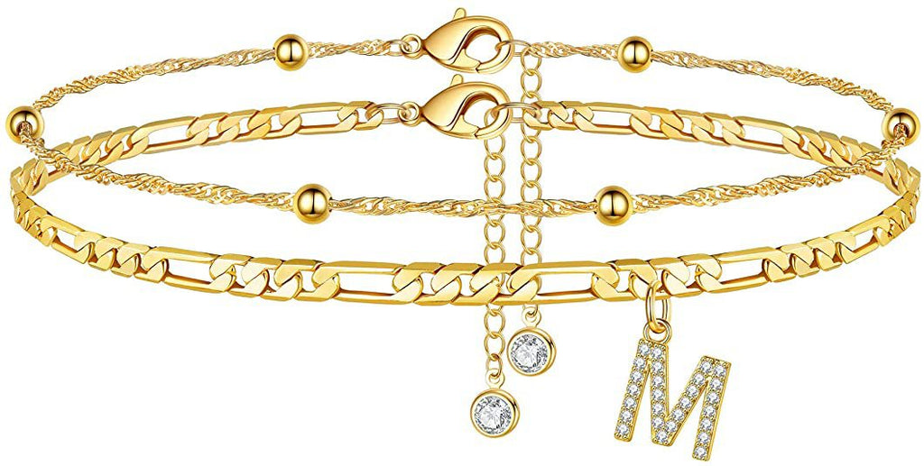 ✨ Initial Orbit Anklet – Double Chain Gold Anklet with Rhinestone Letter