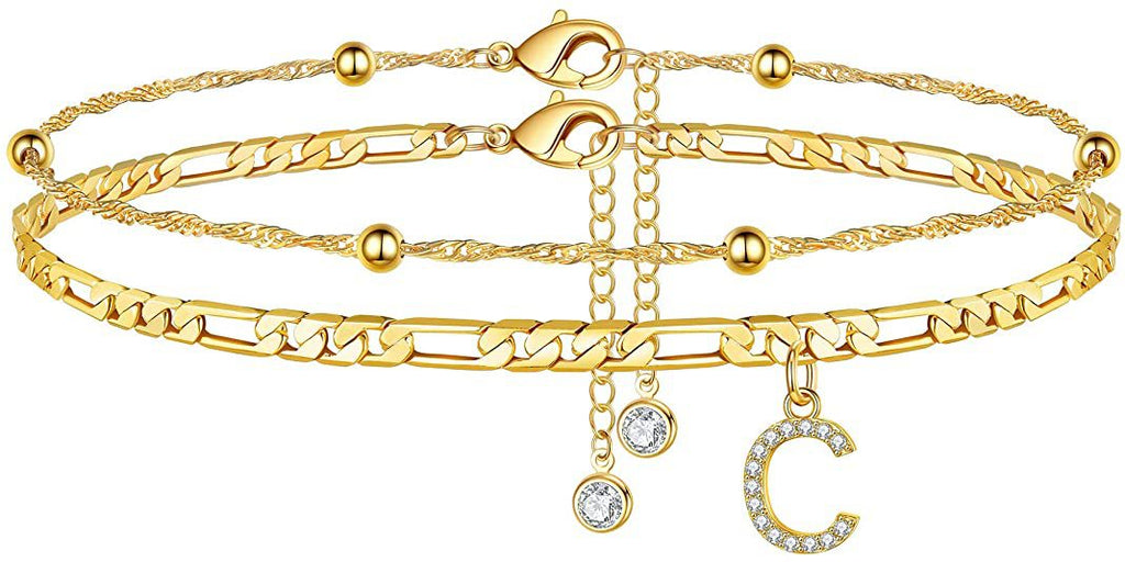 ✨ Initial Orbit Anklet – Double Chain Gold Anklet with Rhinestone Letter