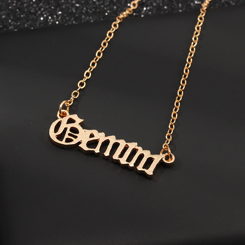 Gold Zodiac Nameplate Necklace – Old English Astrology Jewelry