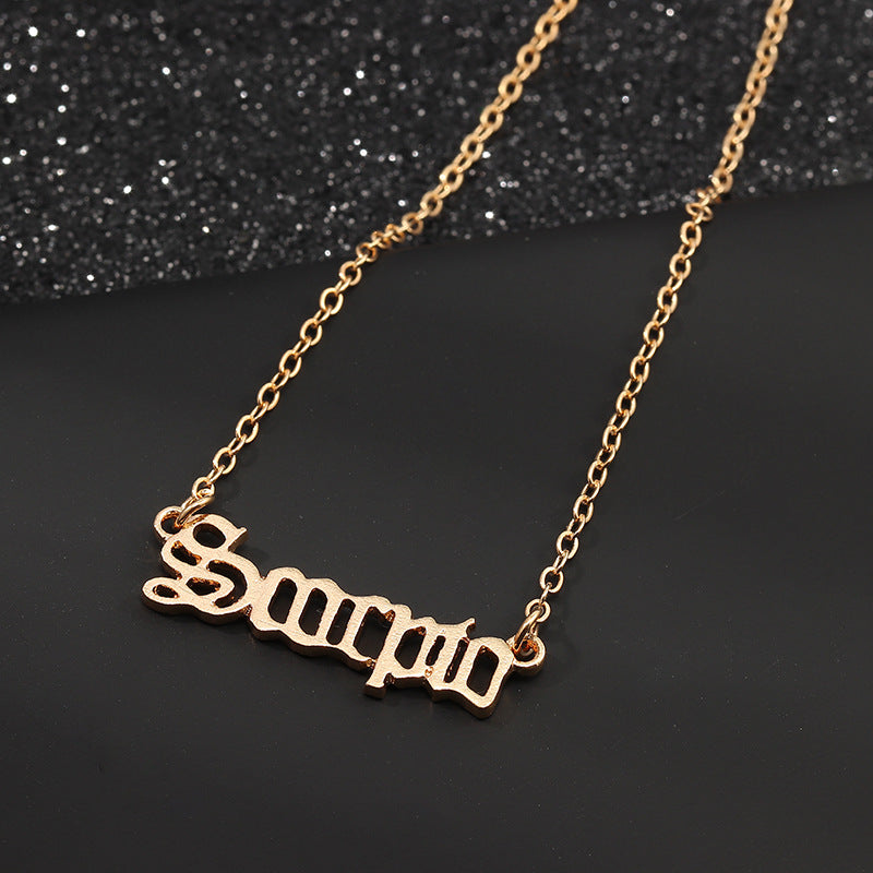 Gold Zodiac Nameplate Necklace – Old English Astrology Jewelry