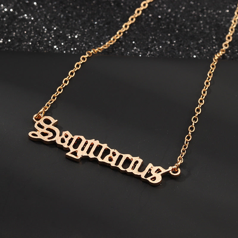 Gold Zodiac Nameplate Necklace – Old English Astrology Jewelry