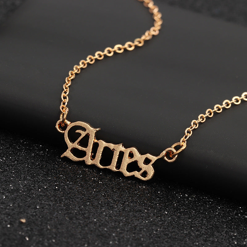 Gold Zodiac Nameplate Necklace – Old English Astrology Jewelry