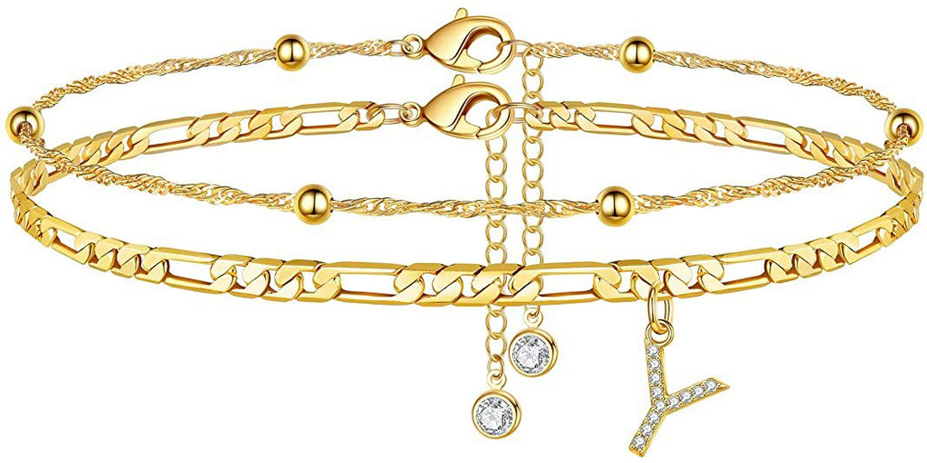 ✨ Initial Orbit Anklet – Double Chain Gold Anklet with Rhinestone Letter