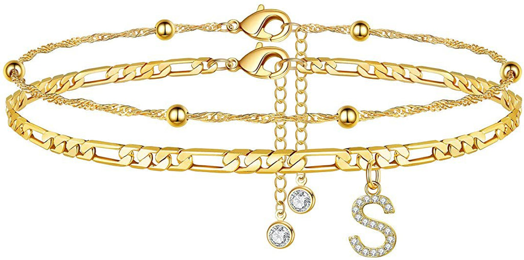 ✨ Initial Orbit Anklet – Double Chain Gold Anklet with Rhinestone Letter