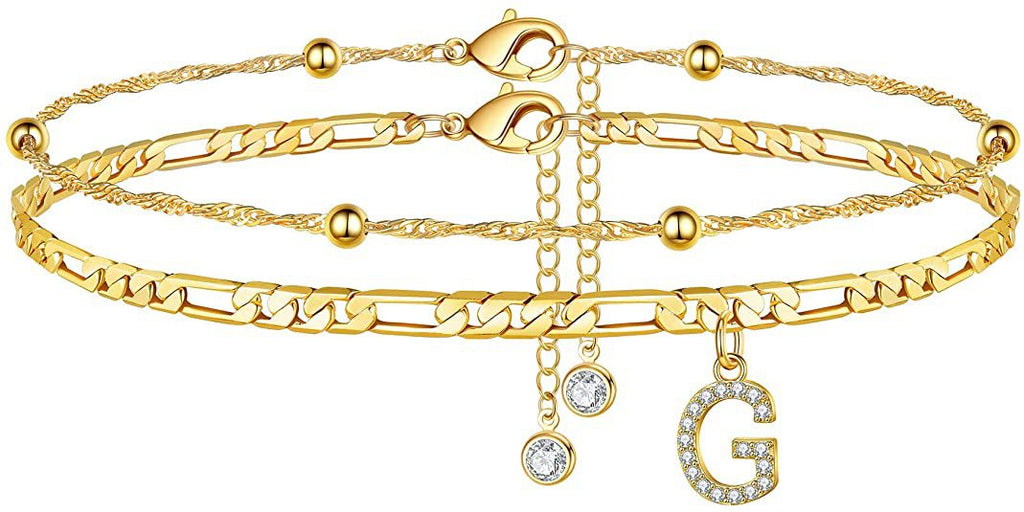 ✨ Initial Orbit Anklet – Double Chain Gold Anklet with Rhinestone Letter
