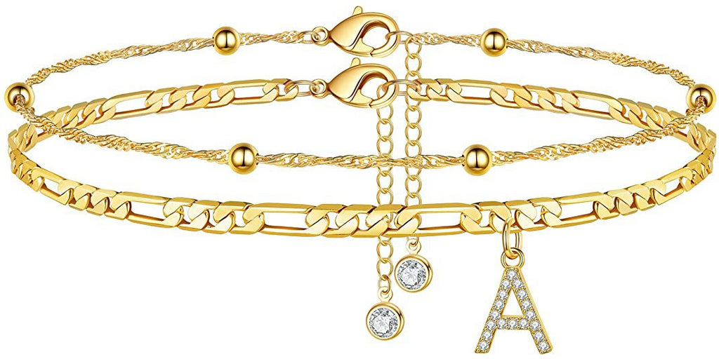 ✨ Initial Orbit Anklet – Double Chain Gold Anklet with Rhinestone Letter