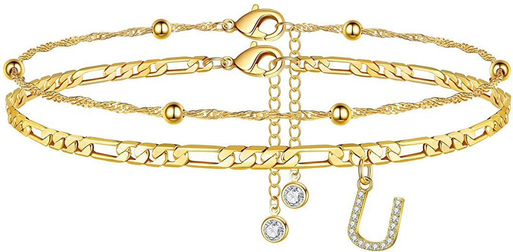 ✨ Initial Orbit Anklet – Double Chain Gold Anklet with Rhinestone Letter