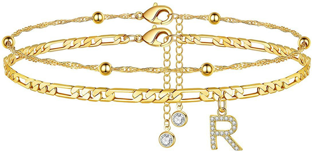 ✨ Initial Orbit Anklet – Double Chain Gold Anklet with Rhinestone Letter