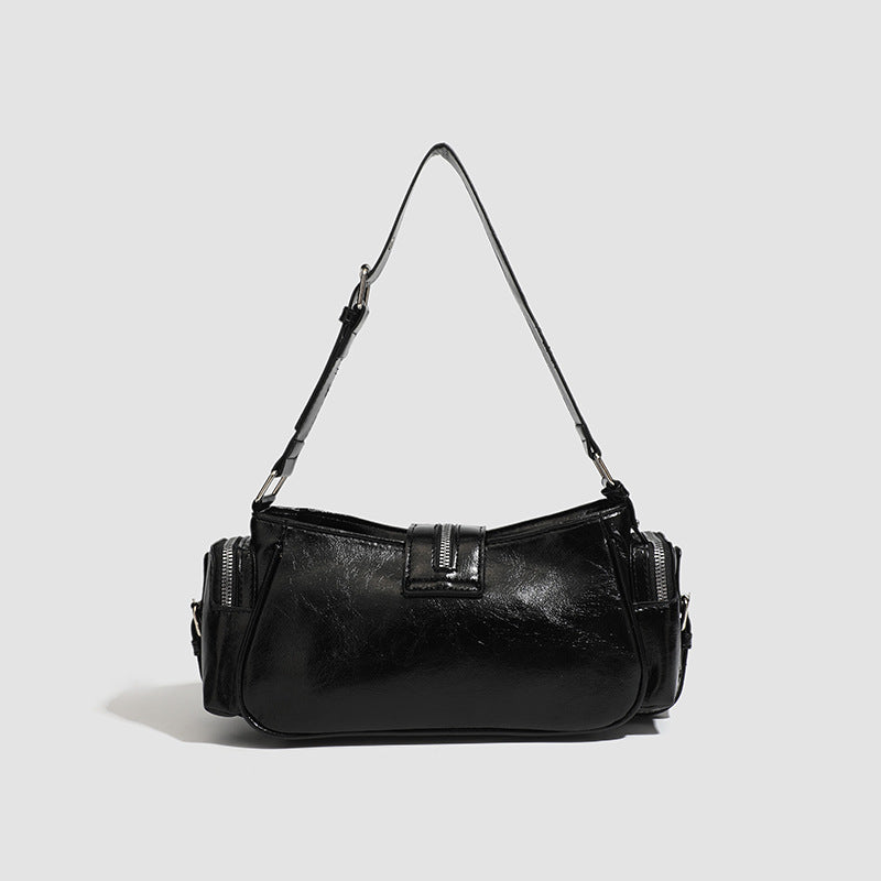 🖤 Dark Matter Shoulder Bag – Black Shiny Faux Leather Mini Bag