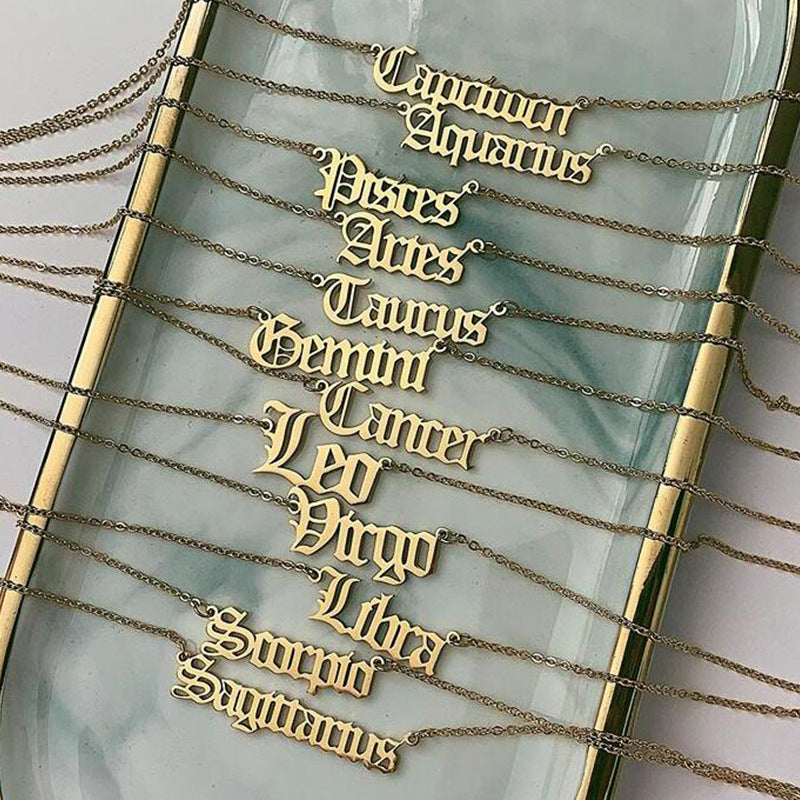 Gold Zodiac Nameplate Necklace – Old English Astrology Jewelry