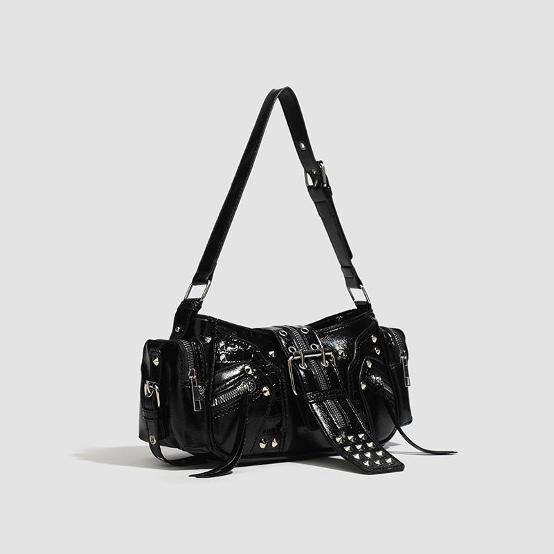 🖤 Dark Matter Shoulder Bag – Black Shiny Faux Leather Mini Bag