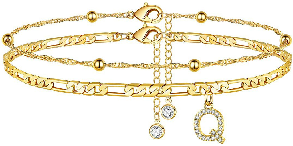 ✨ Initial Orbit Anklet – Double Chain Gold Anklet with Rhinestone Letter