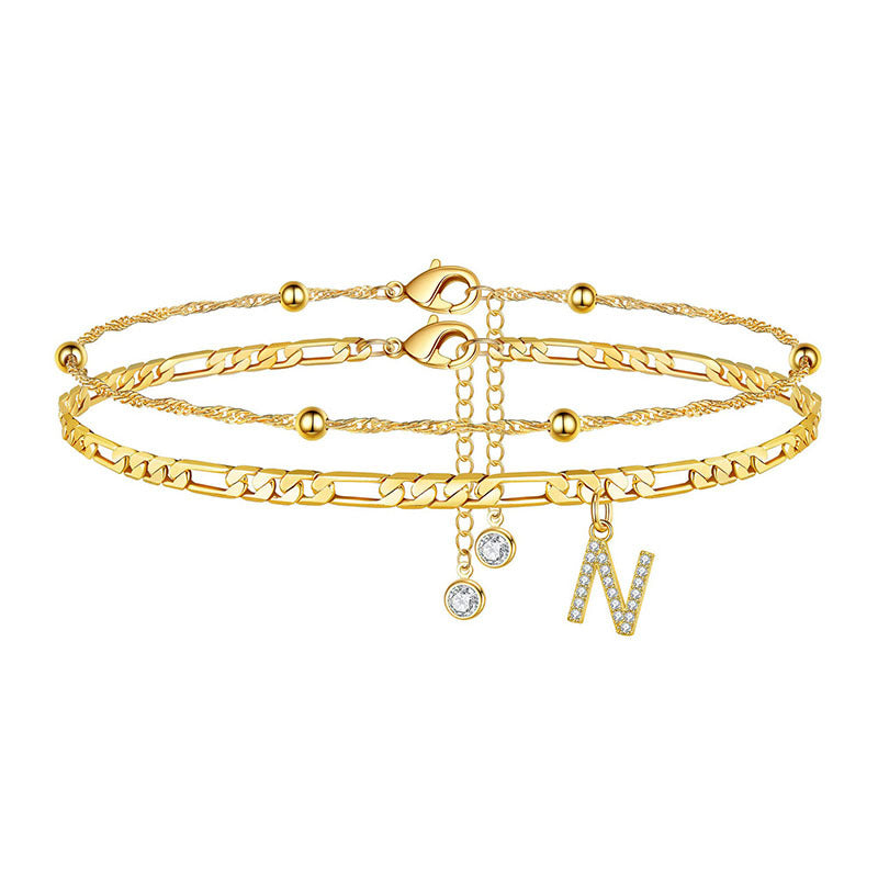 ✨ Initial Orbit Anklet – Double Chain Gold Anklet with Rhinestone Letter