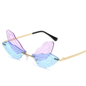 Sunglasses with a colorful, dragonfly-wing design on a white background