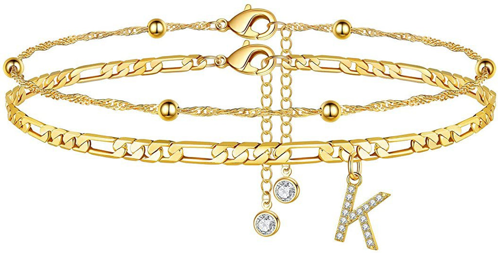 ✨ Initial Orbit Anklet – Double Chain Gold Anklet with Rhinestone Letter