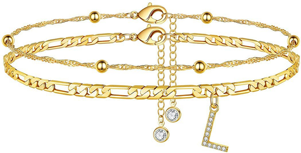 ✨ Initial Orbit Anklet – Double Chain Gold Anklet with Rhinestone Letter