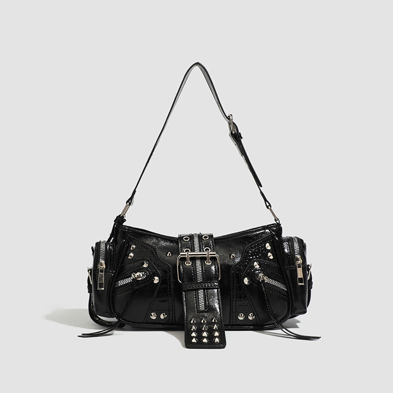 🖤 Dark Matter Shoulder Bag – Black Shiny Faux Leather Mini Bag