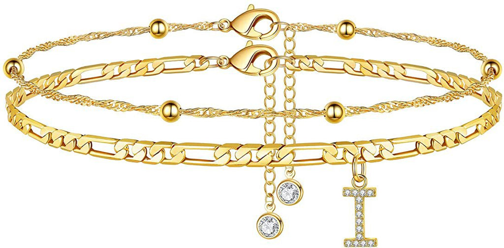 ✨ Initial Orbit Anklet – Double Chain Gold Anklet with Rhinestone Letter