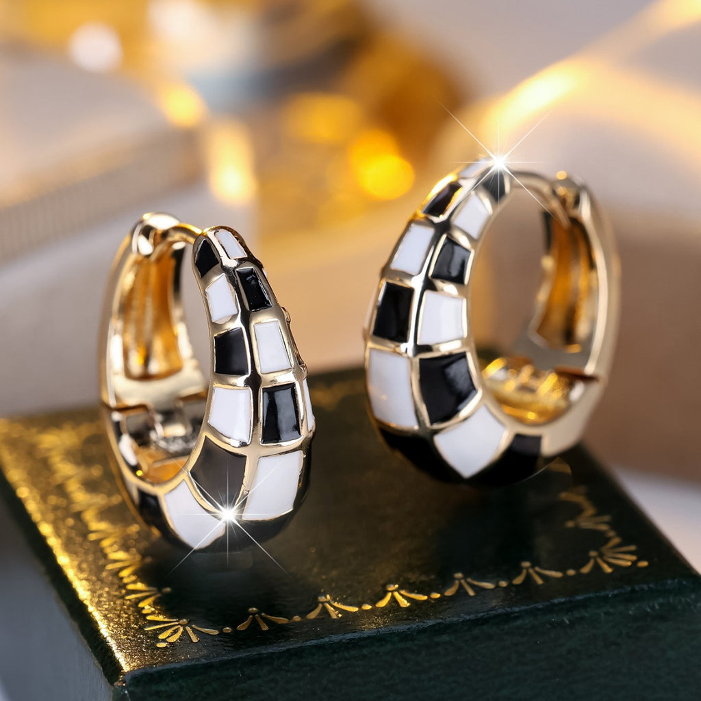 🖤 Checkmate Mini Hoops – Gold Hoops with Black & White Checker Detail