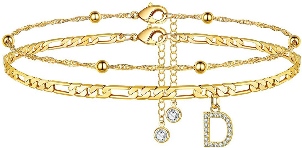 ✨ Initial Orbit Anklet – Double Chain Gold Anklet with Rhinestone Letter
