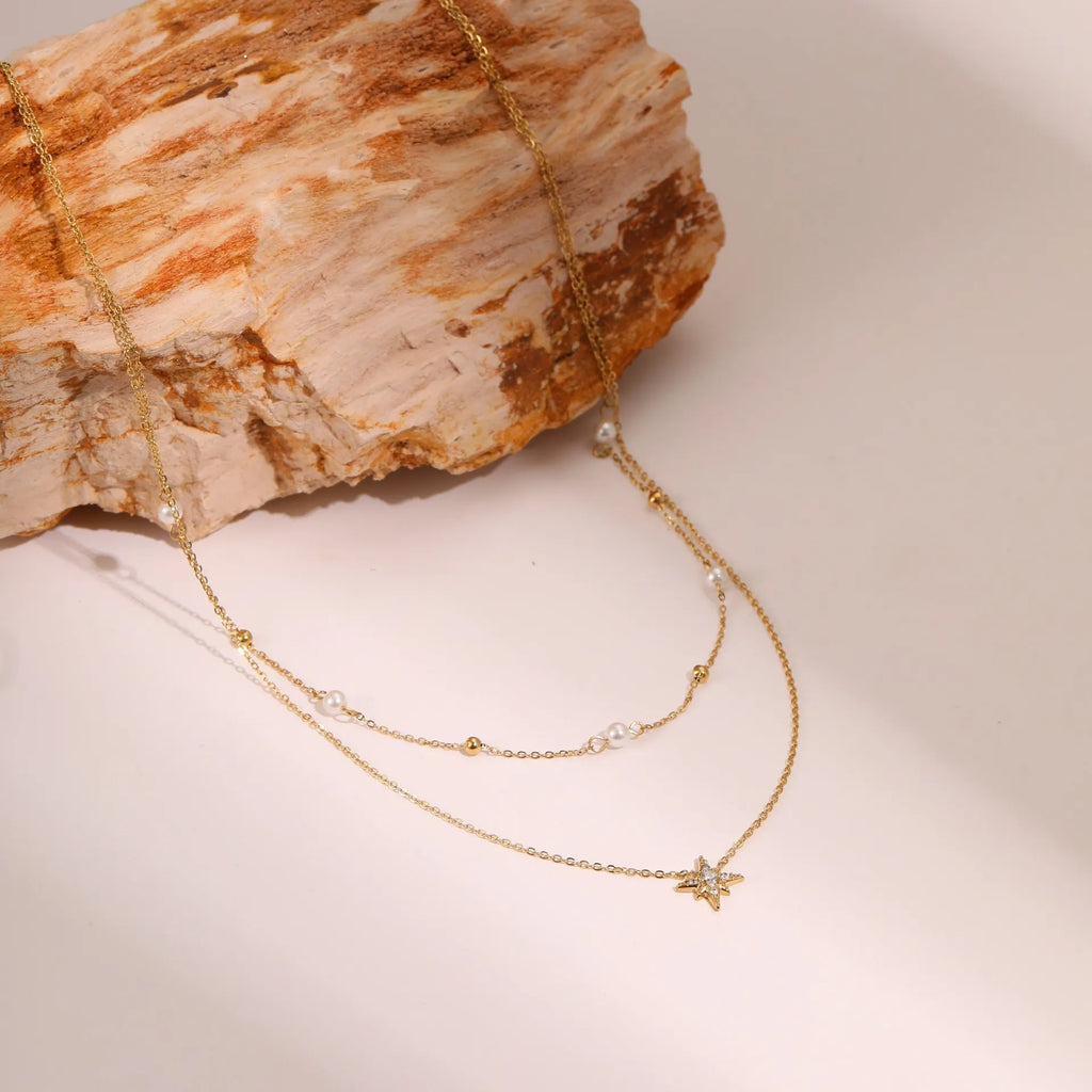 🌟 Celestial Duo Necklace – Double-Layer Necklace with Star & Pearl Accents