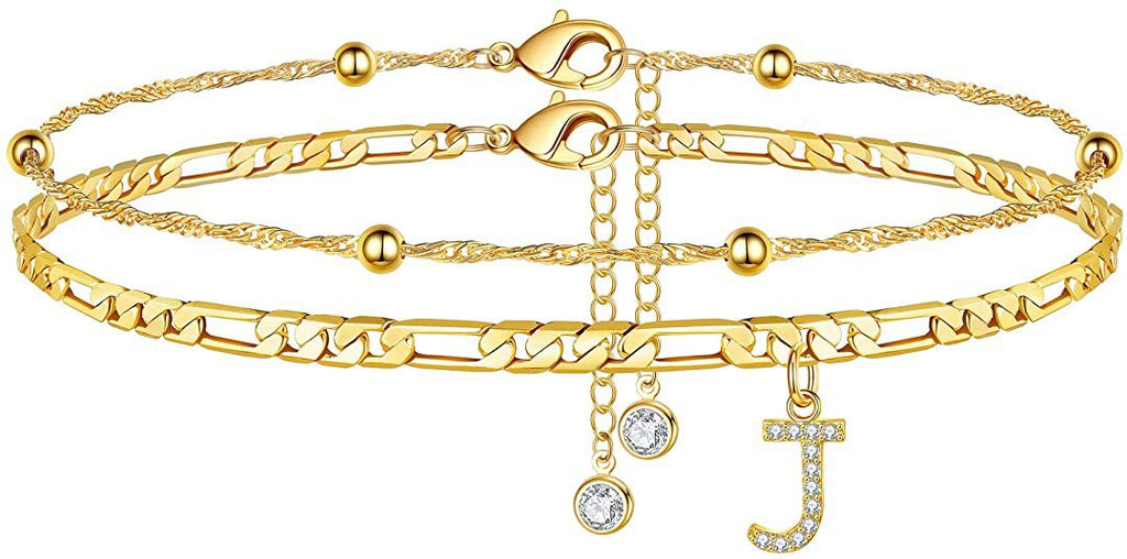 ✨ Initial Orbit Anklet – Double Chain Gold Anklet with Rhinestone Letter