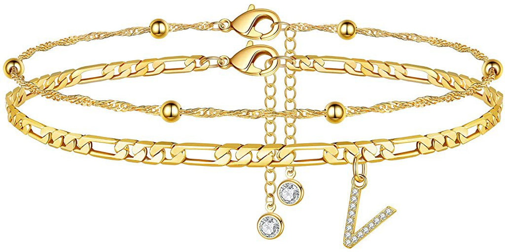✨ Initial Orbit Anklet – Double Chain Gold Anklet with Rhinestone Letter
