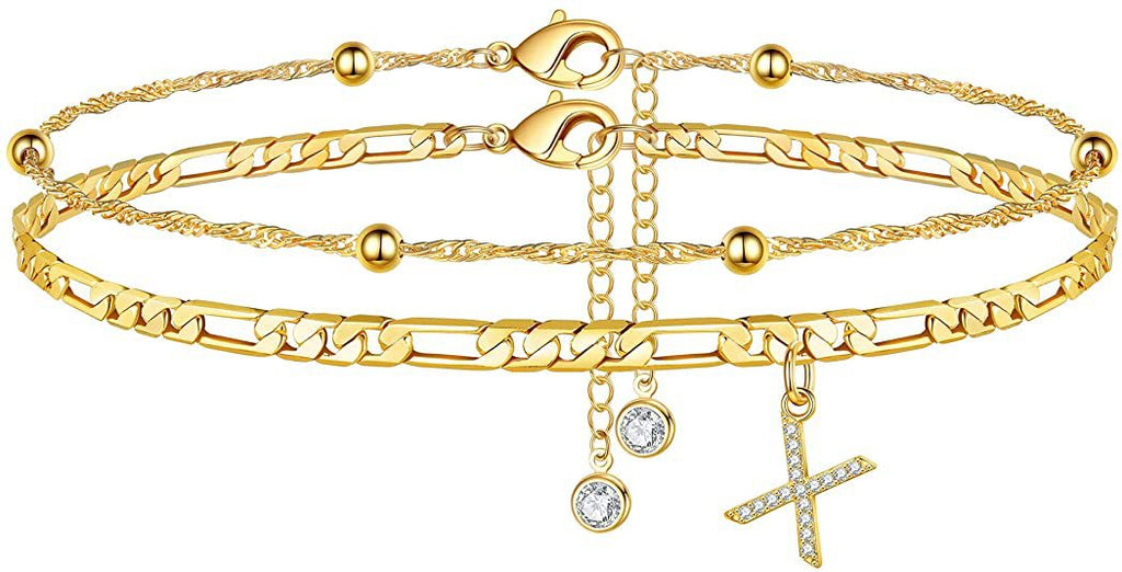 ✨ Initial Orbit Anklet – Double Chain Gold Anklet with Rhinestone Letter