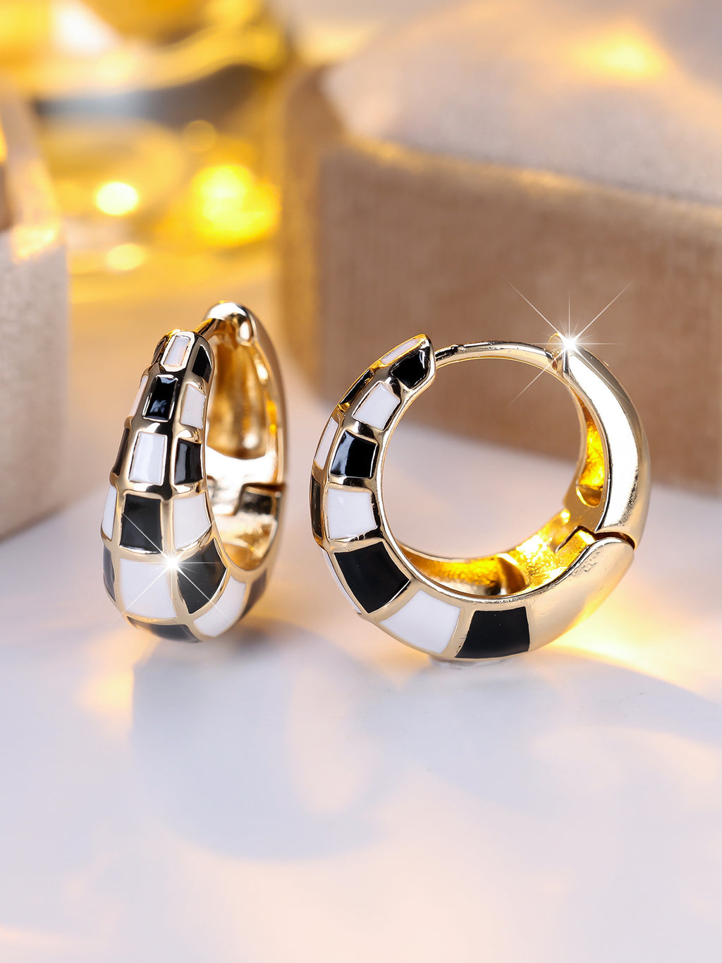 🖤 Checkmate Mini Hoops – Gold Hoops with Black & White Checker Detail