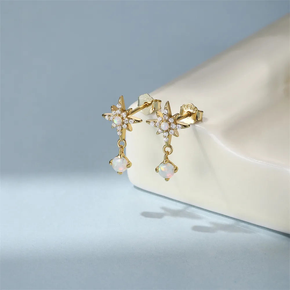 ✨ Opal Star Drop Earrings – Gold Plated 925 Silver Rhinestone Star with Dangling Opal